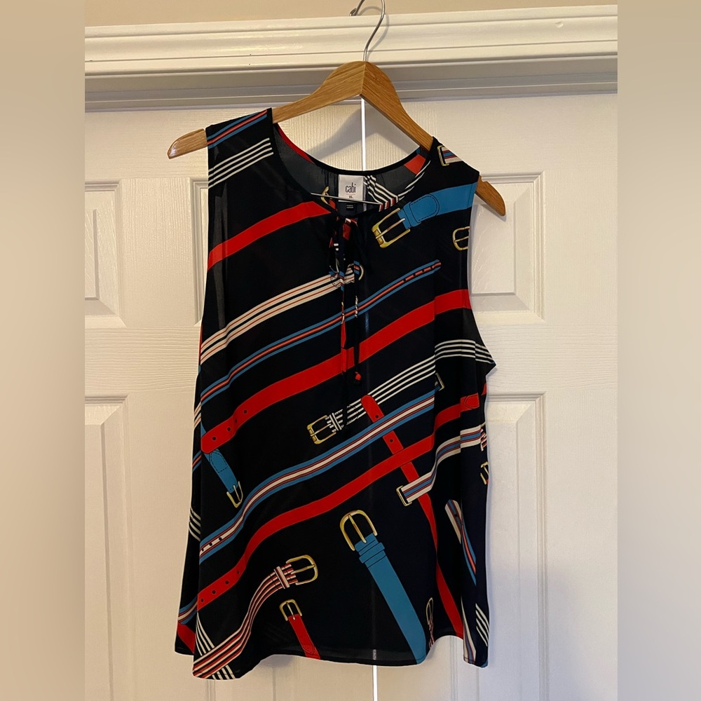 Cabi Navy Sleeveless Top with Belt Print